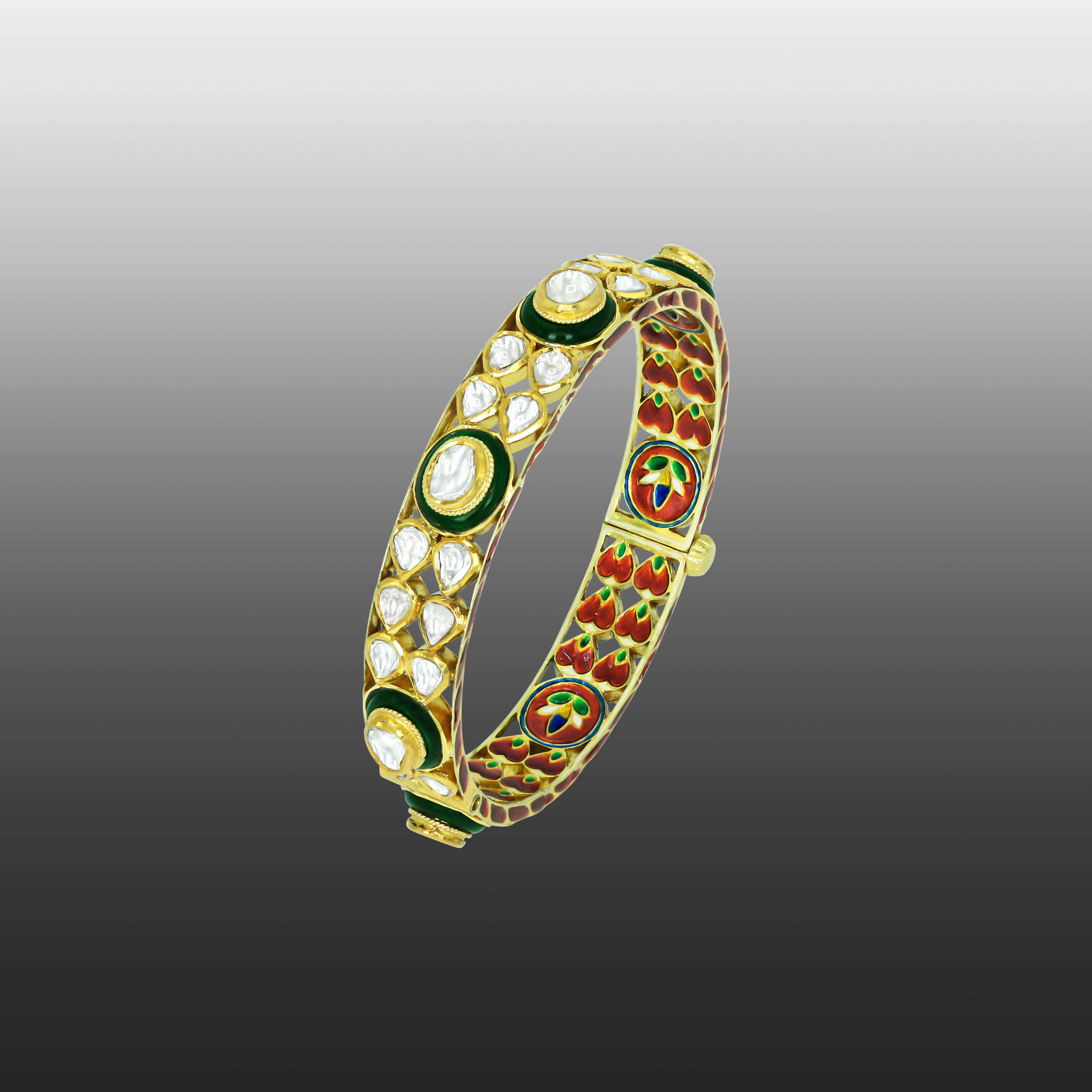 Polki Bangle with Green Borders and Red-Green Enamel Work